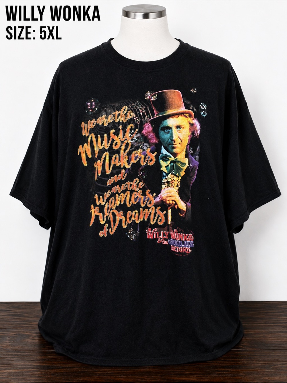 Willy Wonka Chocolate Factory Graphic Tee 5XL Gene Wilder Black Shirt